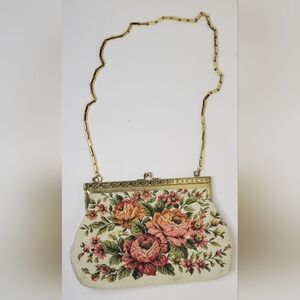 Vintage Floral Embroidered Tapestry Evening Bag with 30 Inch Gold Chain